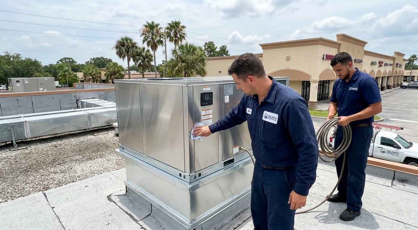 New rooftop unit after replacement, same angle
