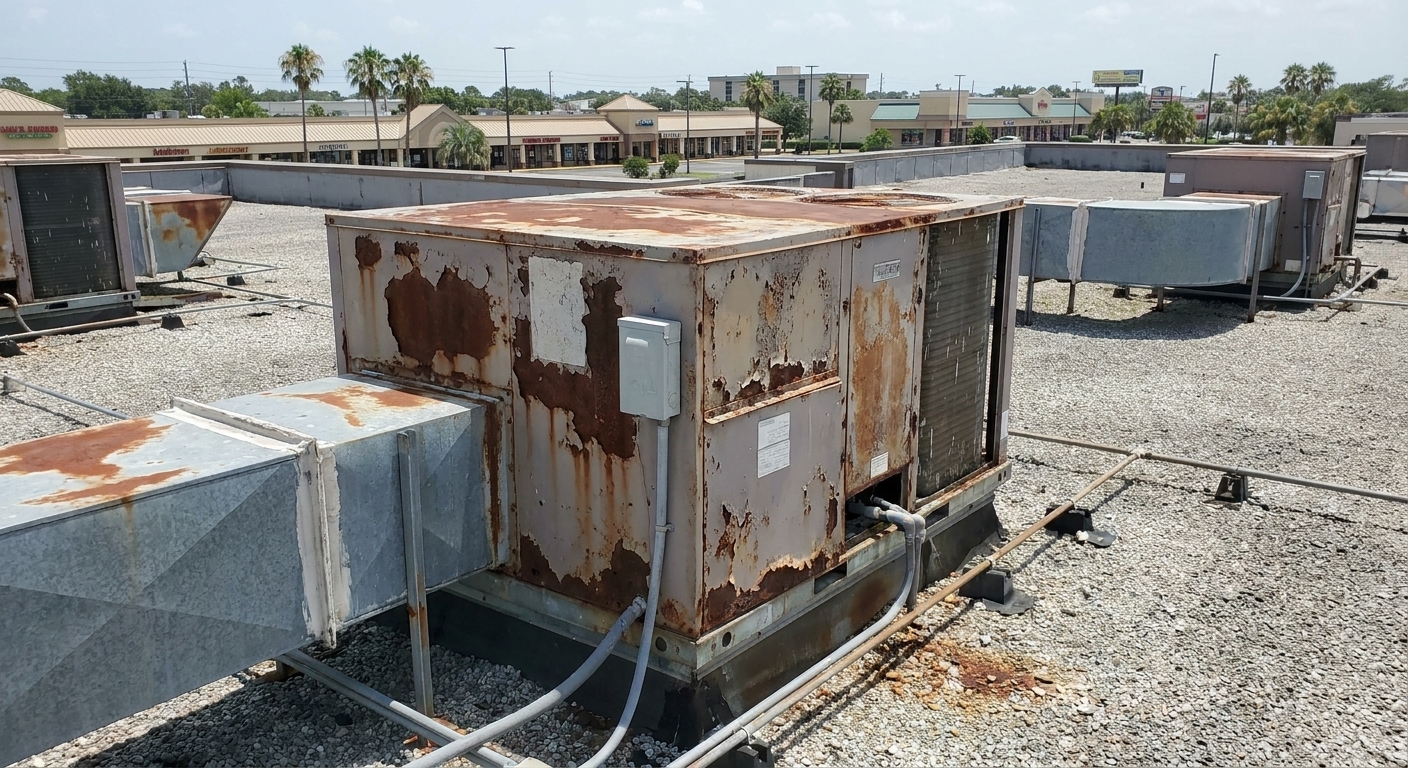 Old, failing rooftop unit before replacement