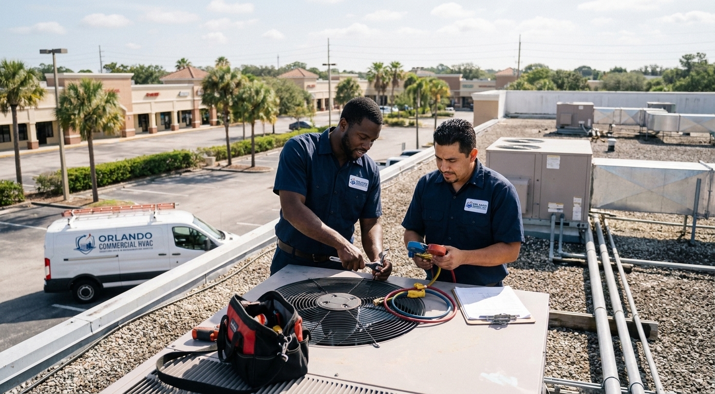 Orlando Commercial HVAC technicians servicing a rooftop unit